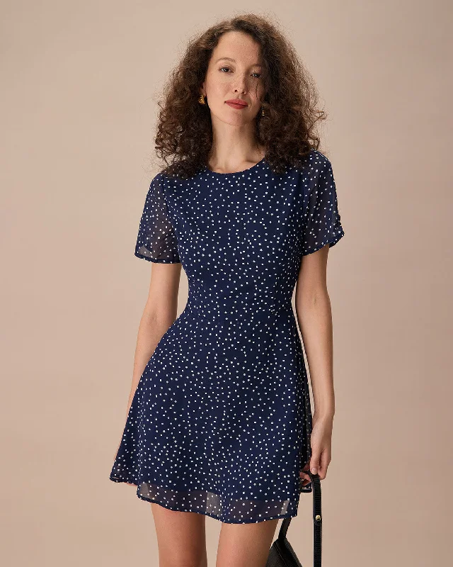 Fitted dresses for women -The Navy Crew Neck Polka Dot Cutout Mini Dress