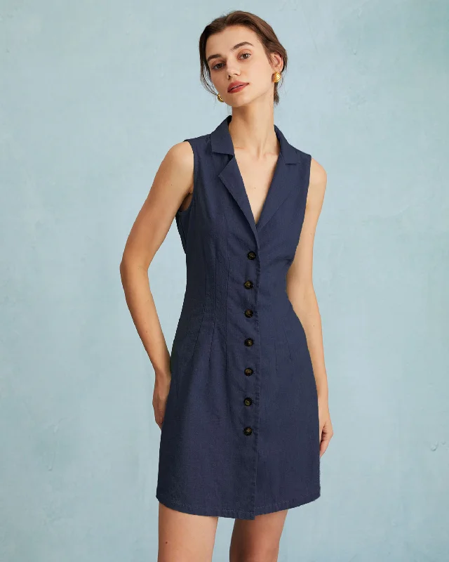 Formal gowns for women -The Navy Lapel Button-up Sleeveless Mini Dress