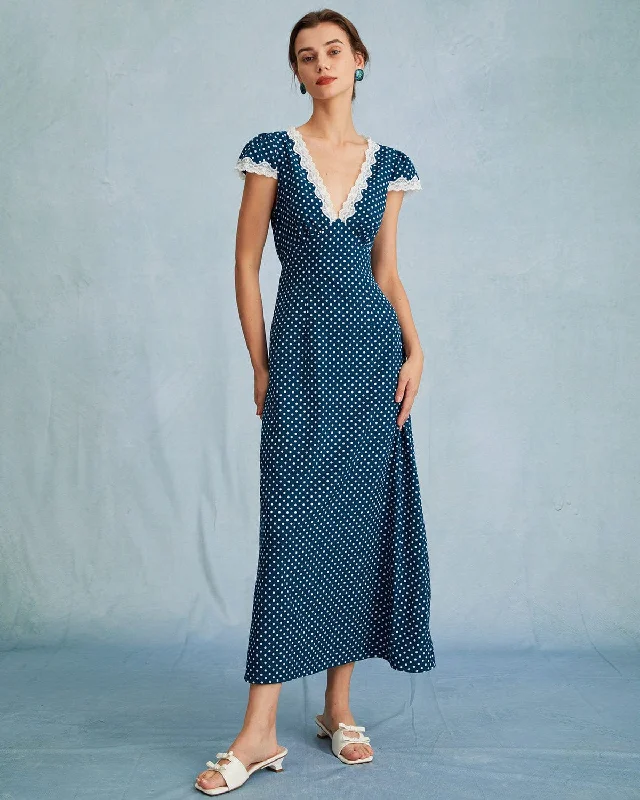 High fashion dresses for parties -The Navy V Neck Polka Dot Lace Ruched Maxi Dress