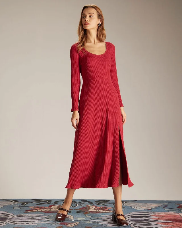 Soft and elegant dresses -The Red Ribbed Side Split A-Line Maxi Dress