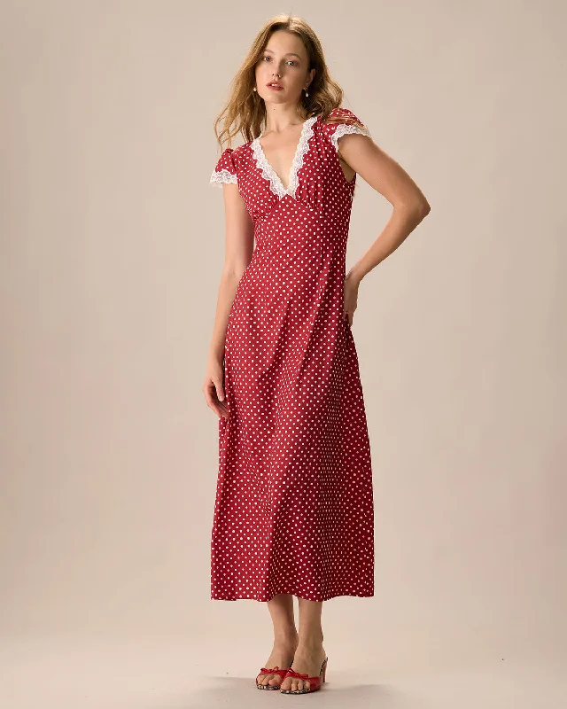 Dresses for social gatherings -The Red V Neck Polka Dot Lace Ruched Maxi Dress