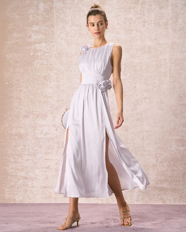 Dress with pleated skirt for evening -The Silver Boat Neck Floral Satin Maxi Dress