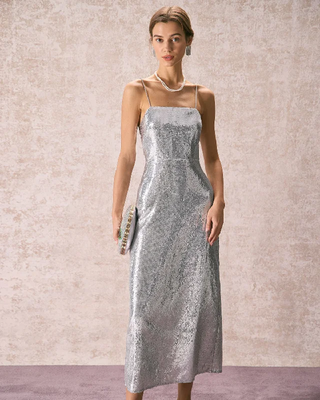 Wedding party dresses -The Silver Sequin Sleeveless Strap Maxi Dress