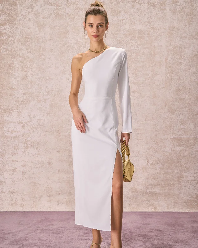 Romantic dresses for weddings -The White One Shoulder Slit Maxi Dress