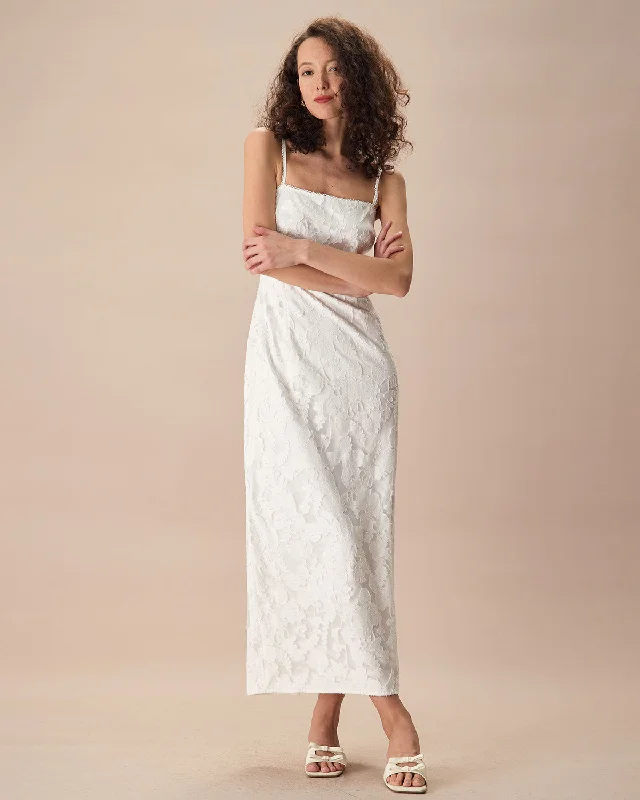 Dresses for formal gatherings with friends -The White Square Neck Jacquard Slip Maxi Dress