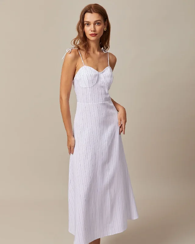 Dresses with flowing skirts -The White Striped Tie Shoulder Maxi Dress