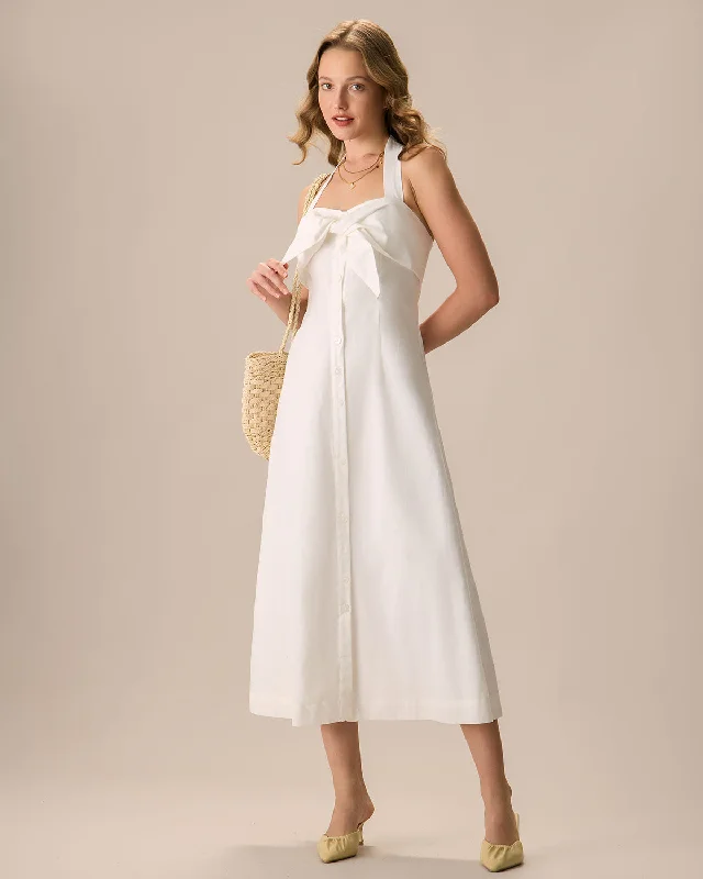 Summer dresses with floral designs -The White Sweetheart Neck Ruched Button Maxi Dress