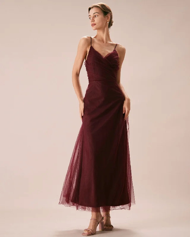 Light cotton dresses -The Wine Red V Neck Mesh Wrap Maxi Dress