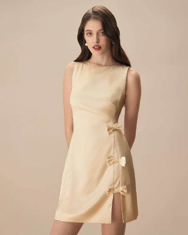 Casual long dresses -The Yellow Boat Neck Bowknot Satin Mini Dress