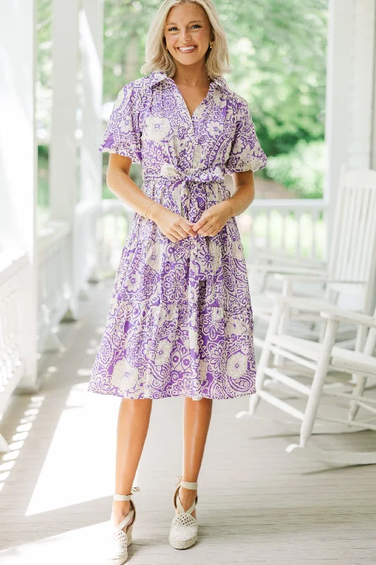 Knee-length dresses -There You Go Lavender Purple Floral Midi Dress