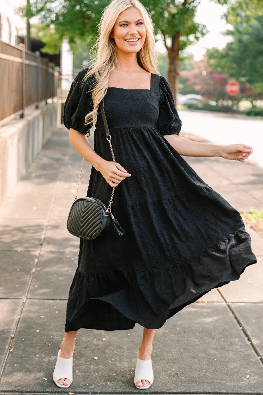 Long formal dresses for events -Think About It Black Midi Dress