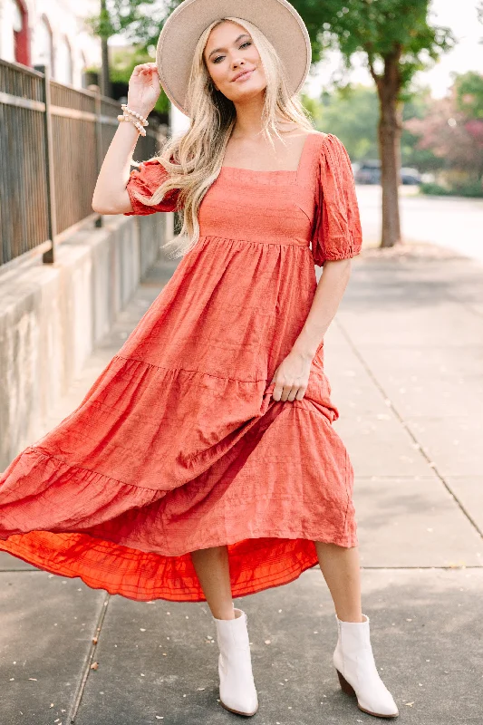 Dresses for formal evenings out -Think About It Rust Orange Midi Dress