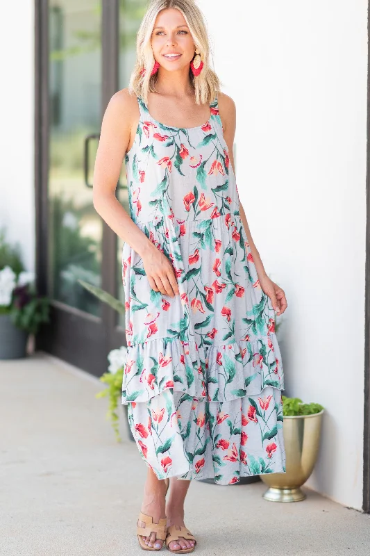 Plus size wedding guest dresses -Thinking Of You Gray Ditsy Floral Midi Dress