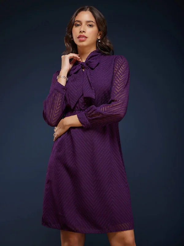 Dresses for special occasions with sequins -Tie-Up Neck Flared Dress - Purple