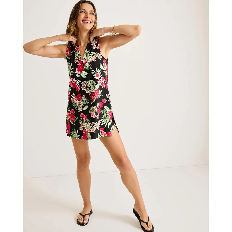 Casual floral dresses -Tommy Bahama Womens Lily Cat Split Neck Romper Coverup - Black