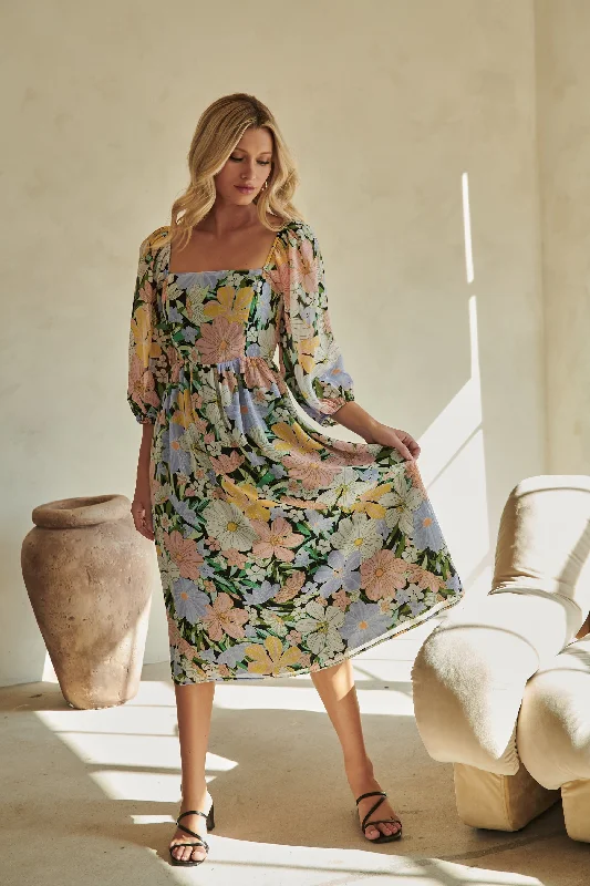 Dresses for holiday events -Topanga Floral Amaretto Puff Sleeve Midi Dress