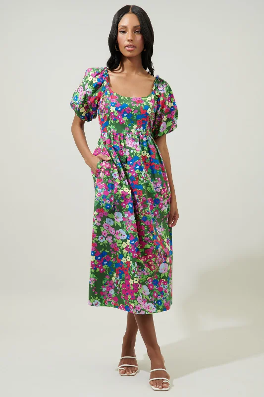 Dresses for formal gatherings with friends -Trinity Floral Lullaby Balloon Sleeve Midi Dress