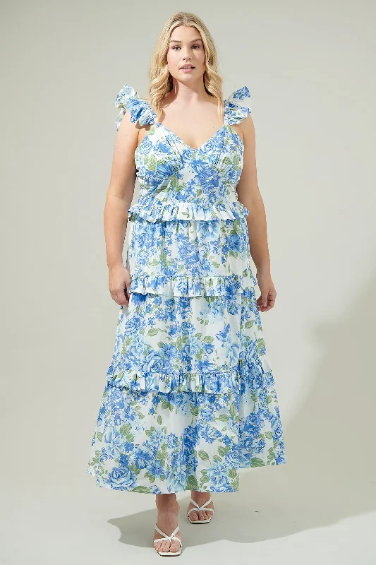 Comfy knit maxi dresses -Truth Be Told Blue Floral Tiered Maxi Dress Curve