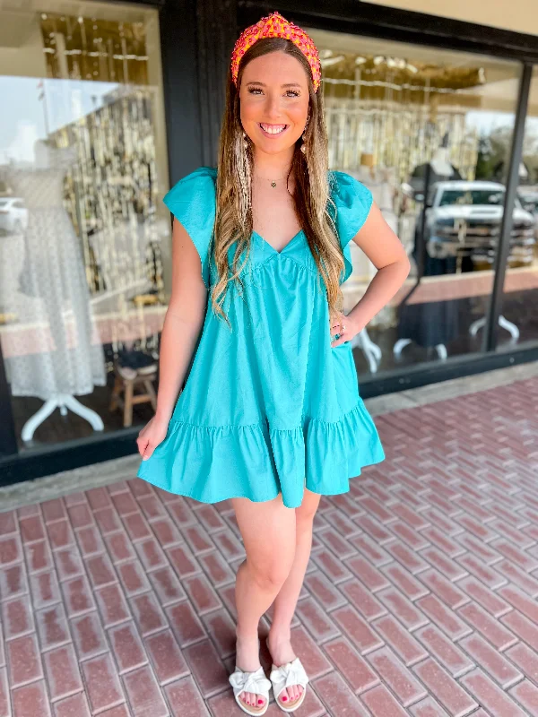 Printed dresses with sleeves -Turquoise Ruffle Sleeve Babydoll Dress