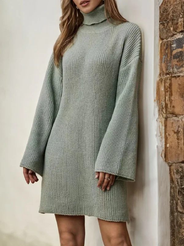 Dresses for daily wear -Turtleneck Dropped Shoulder Sweater Dress