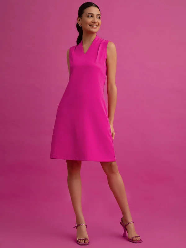 Fit and flare midi dresses -V-Neck A-Line Dress - Fuchsia