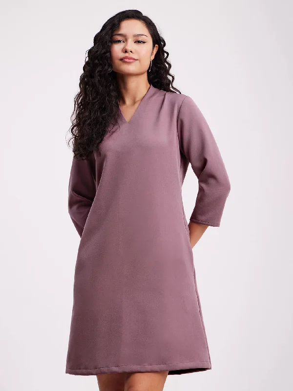 Casual dresses for casual Fridays -V Neck A Line Dress - Mauve