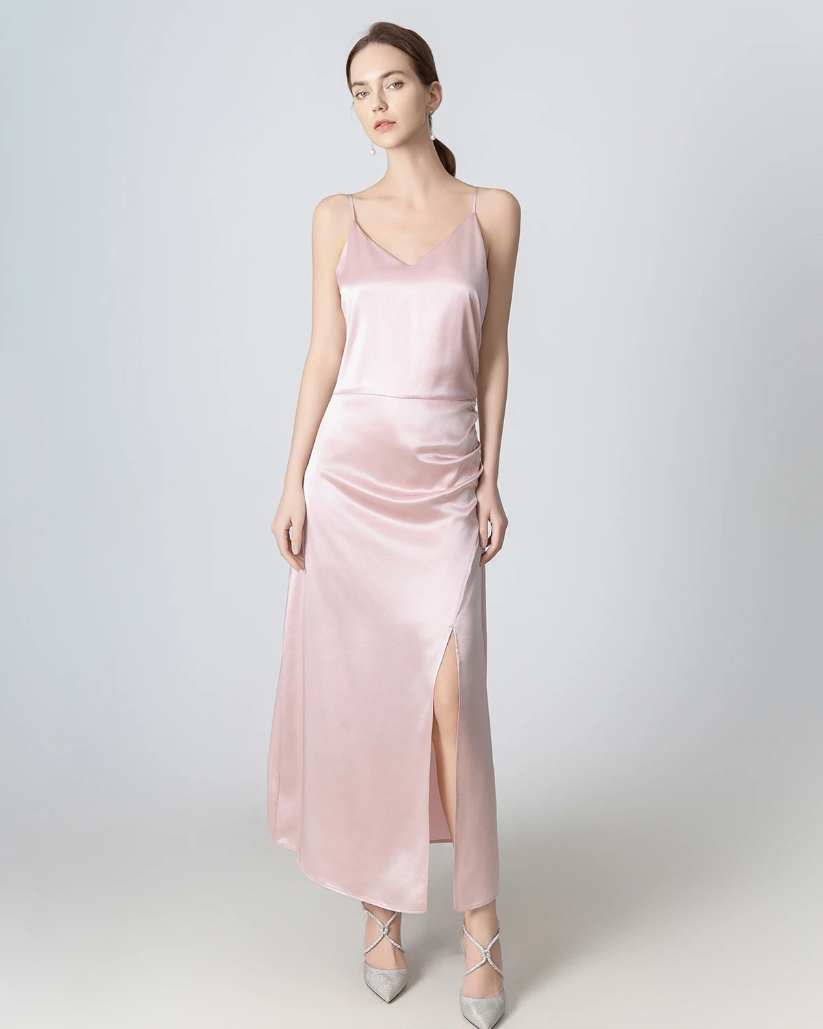 Long sleeve dresses -V-neck Pleated Slit Maxi Silk Dress