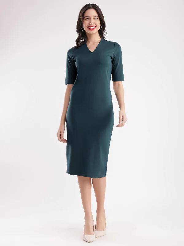 Elegant dinner dresses -V-Neck Shift Dress - Bottle Green