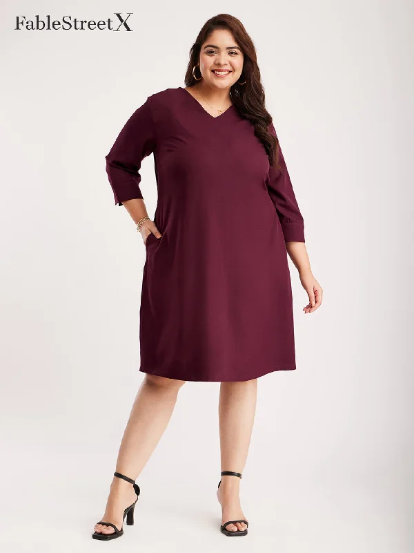 Dresses for destination events -V Neck Shift Dress - Maroon