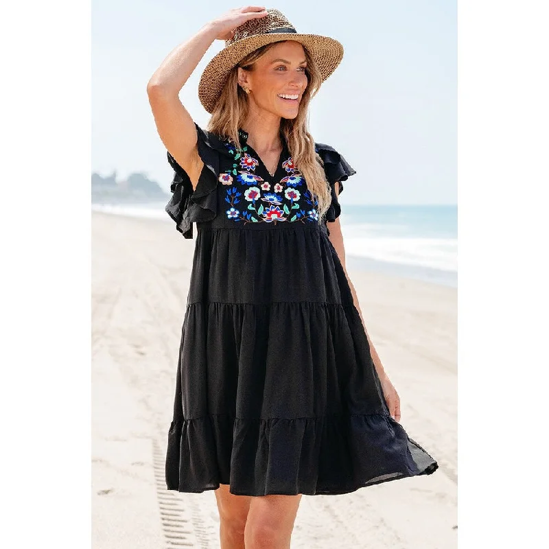 Dresses for winter parties -Veda Floral Embroidered Tiered Ruffled Mini Dress