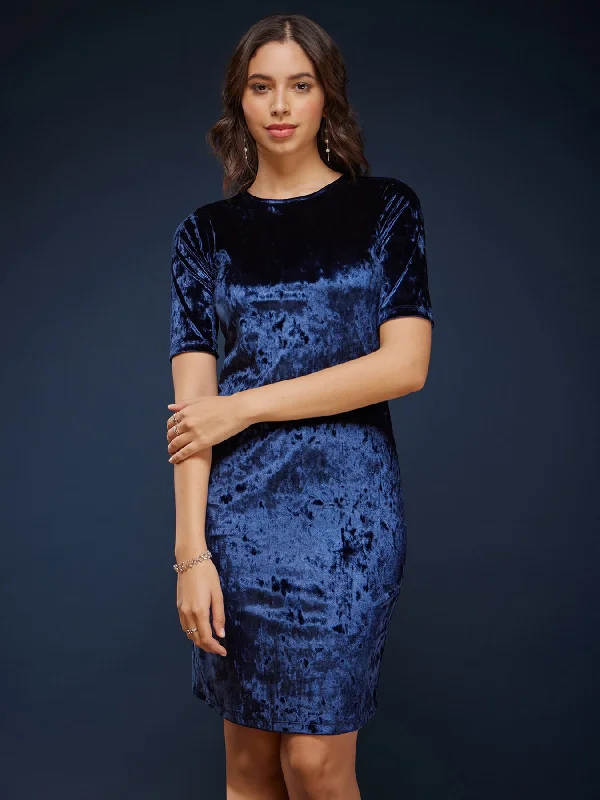 Bright colored dresses for summer -Velvet Round Neck Shift Dress - Navy Blue