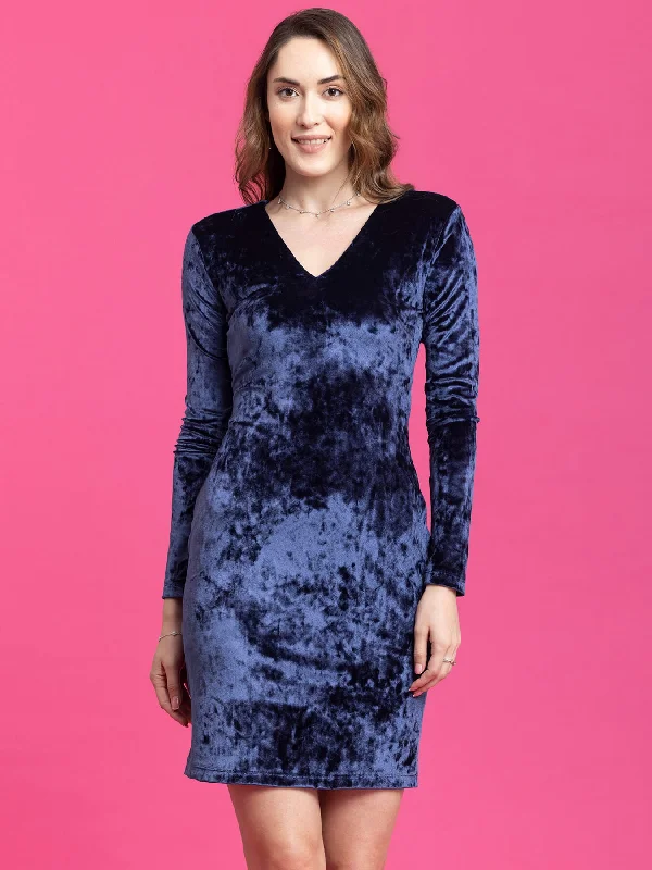 Ruffled dresses for weddings -Velvet Shift Dress - Blue