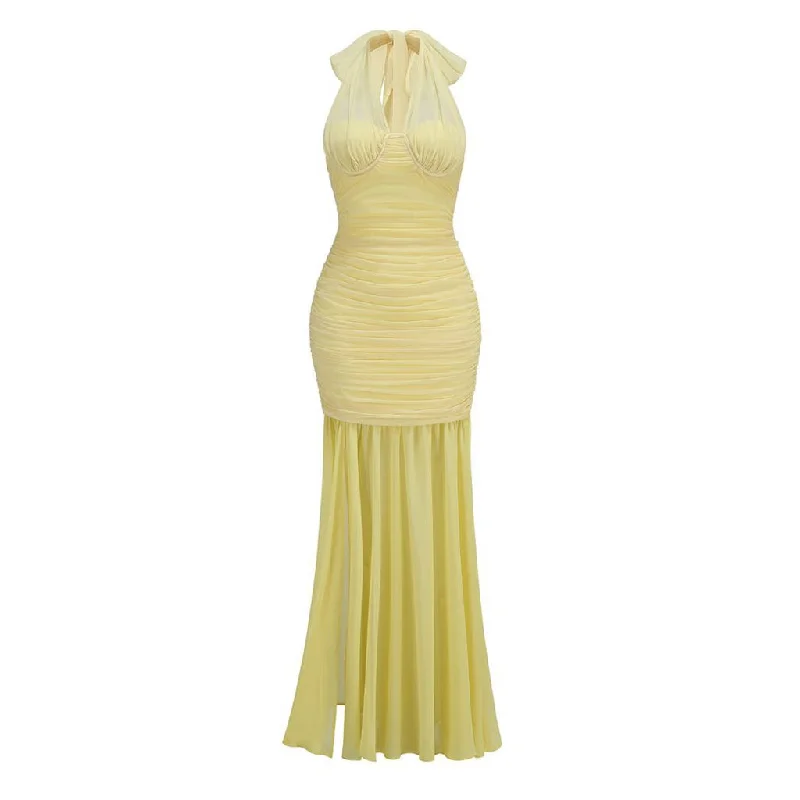 Day-to-night dresses -Versatile Scarf Halter Neck Mesh Ruched Split Chiffon Maxi Formal Dress