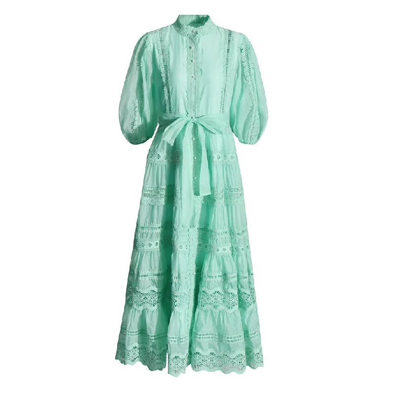 Party dresses with lace -Victorian Mock Neck Blouson Sleeve Belted Guipure Lace Tiered Maxi Dress