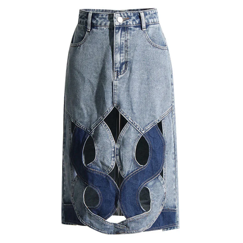 Dress with ruffles on sleeves -Vintage High Waist Two Tone Spiral Cutout Front Bodycon Midi Denim Skirt