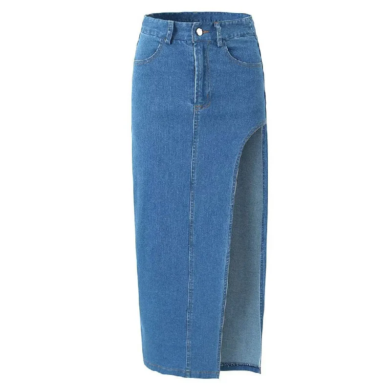 Elegant fitted dresses -Vintage Style High Waist Jean Blue Thigh Side Split Midi Denim Skirt