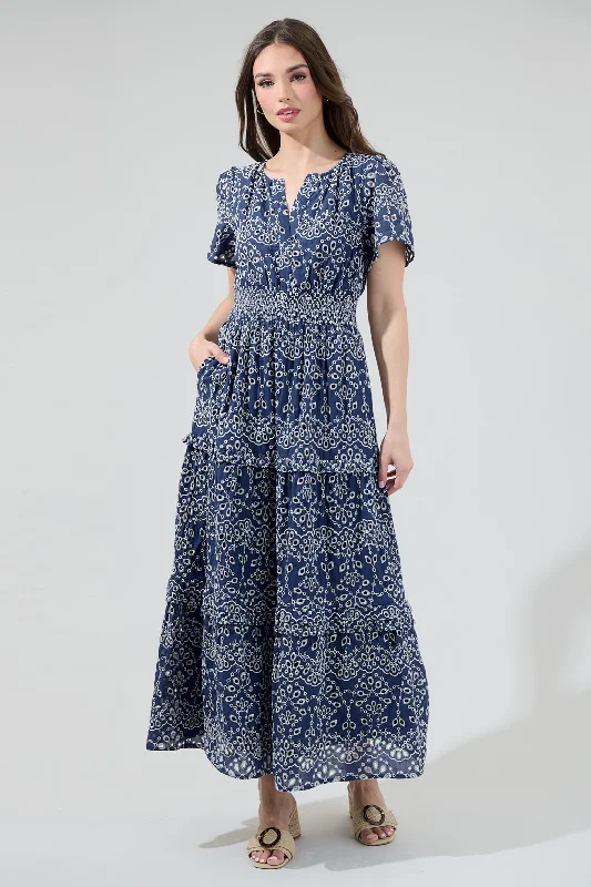 Dresses for outdoor dinner parties -Viridiana Floral Eyelet Palmer Tiered Maxi Dress