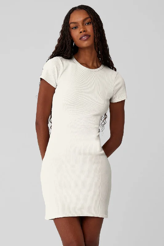 Dresses for elegant parties -Goddess Ribbed Short Sleeve Dress - Ivory