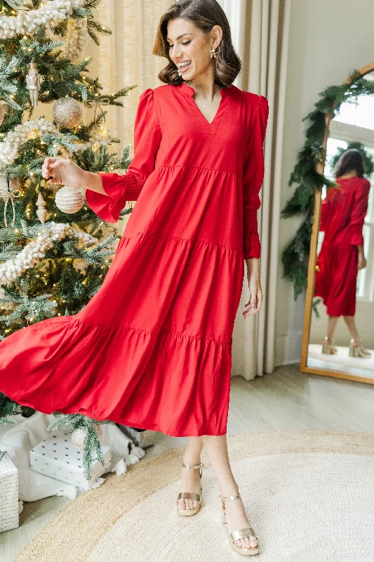 Sweetheart neckline dresses -What A Surprise Red Ruffled Midi Dress