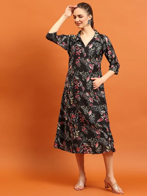 Short sleeve dresses -Women Black Shirt Collar Printed Dress