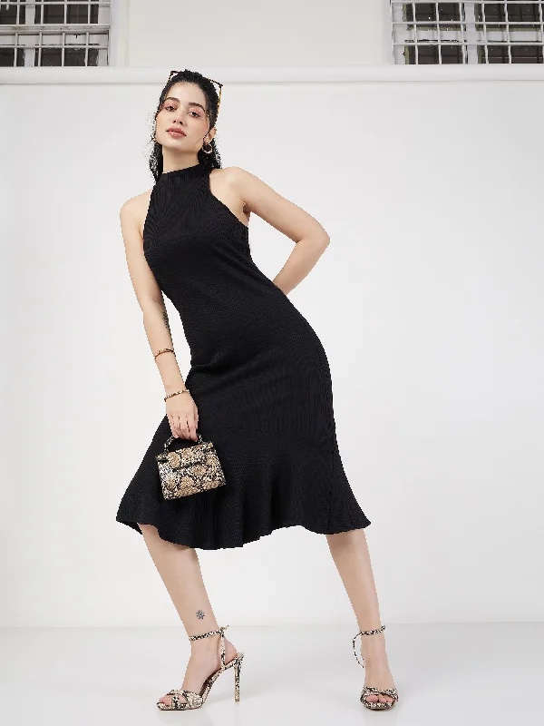 Dress with pleated skirt for evening -Women Black Rib Fish Frill Bodycon Midi Dress