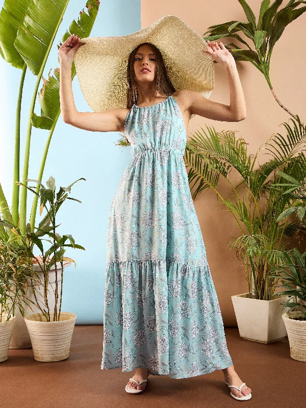 Casual work dresses -Women Blue Floral Back Less Maxi Dress