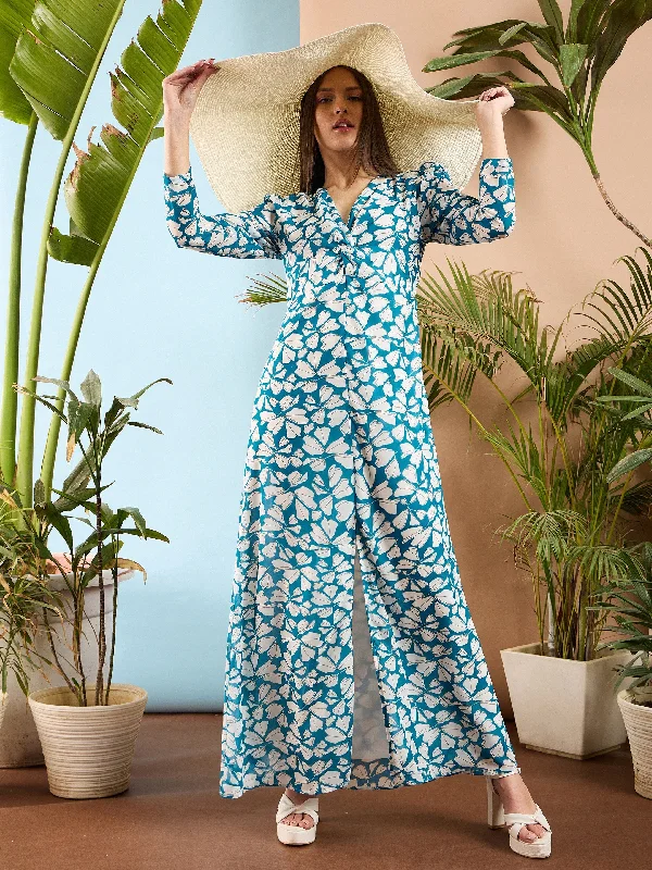 Dresses with tiered skirts -Women Blue Floral Front Twisted Maxi Dress