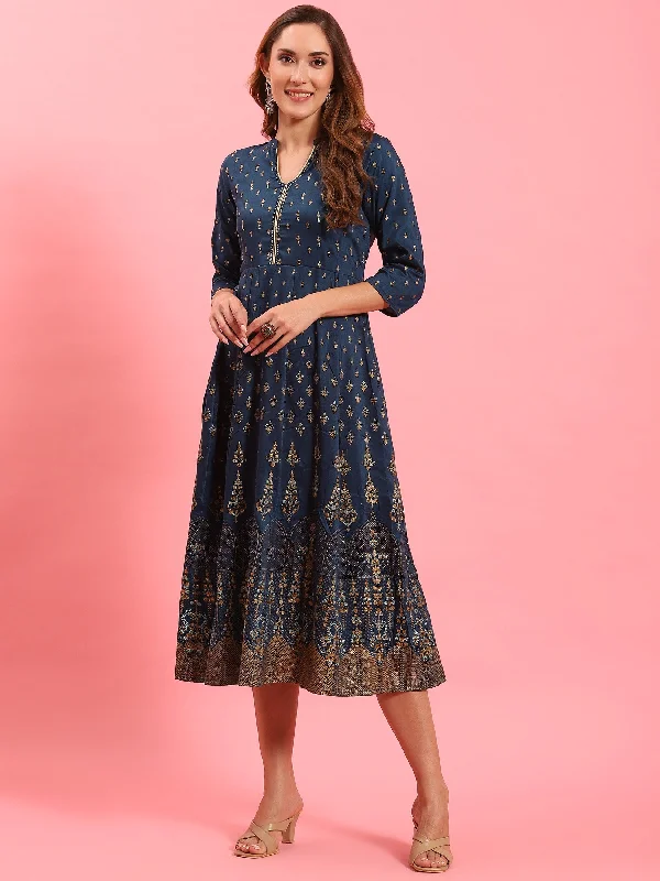 Cotton dresses for women -Women Blue Ornamental Printed Dress