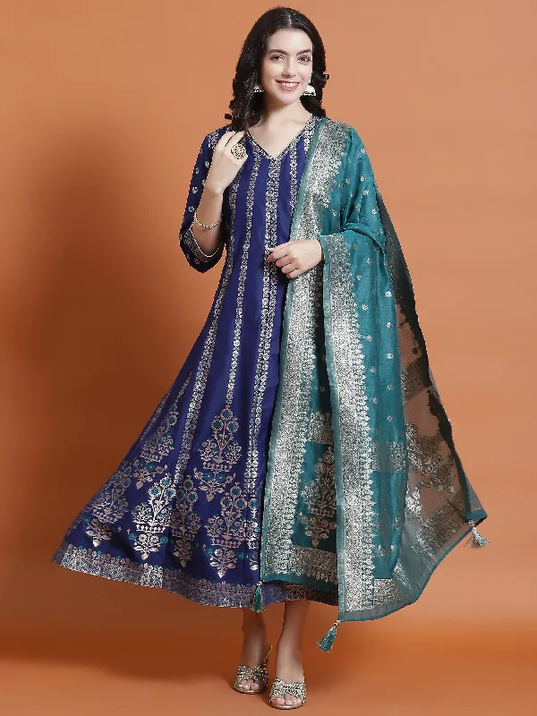 Dresses with flowy ruffled sleeves -Women Blue Printed Dress With Dupatta