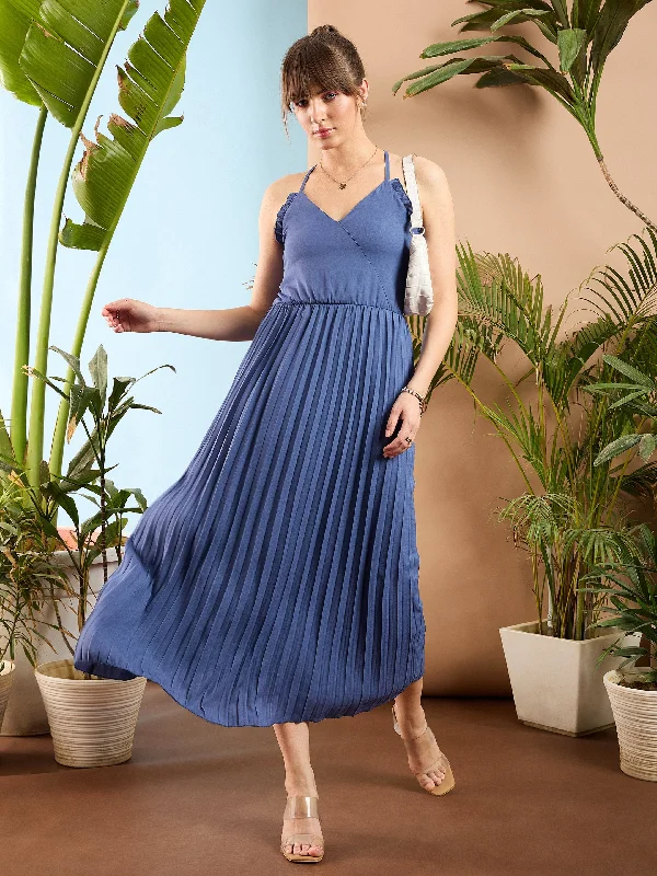 Dresses with silk fabric -Women Blue Strappy Pleated Maxi Dress