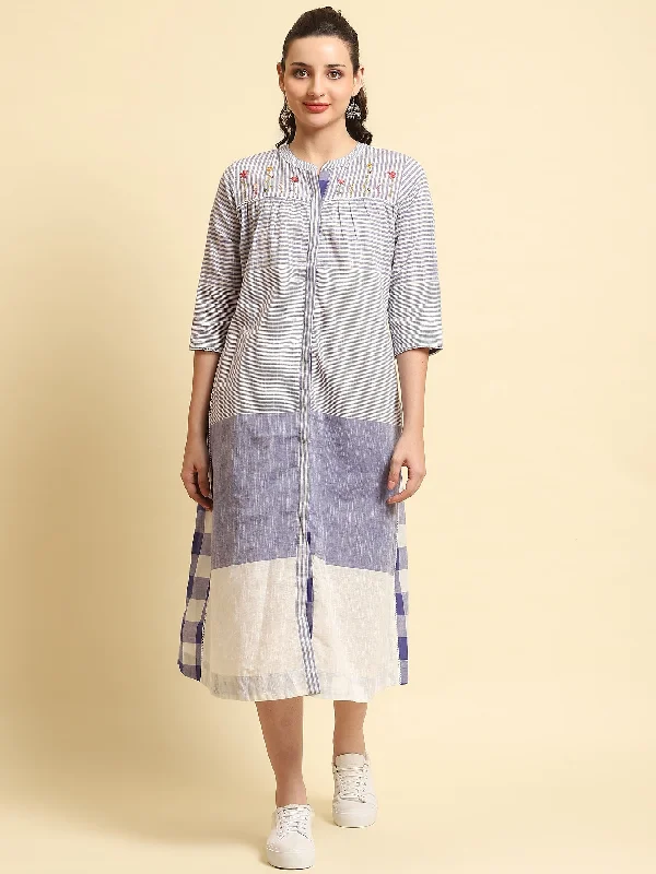 Soft fabric dresses -Women Blue Stripe Printed Dress