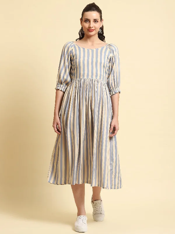 Spaghetti strap dresses -Women Blue Stripe Printed Dress