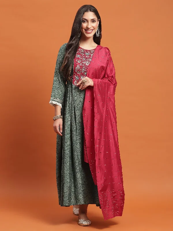 Party dresses for weddings -Women Green Embroidered Dress With Dupatta