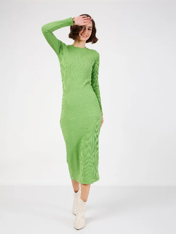 Dresses for wedding receptions -Women Green Rib Bodycon Midi Dress